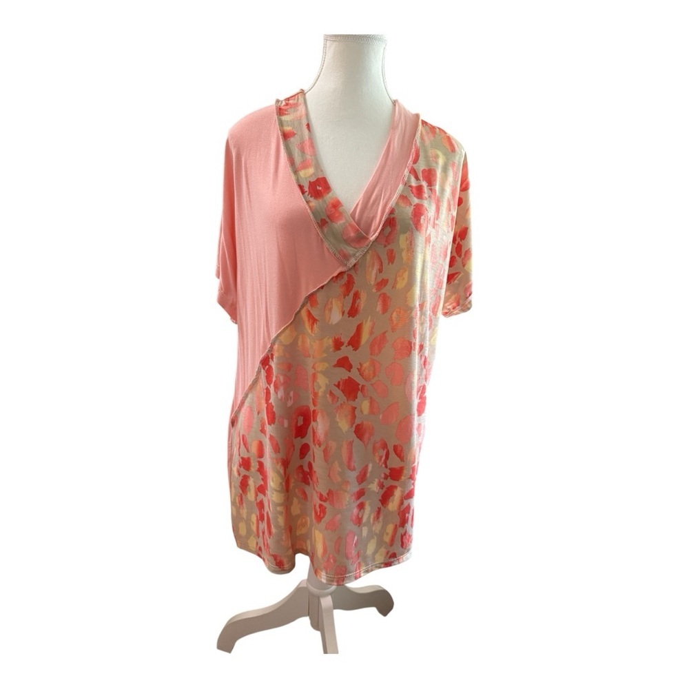 Celeste Asymmetrical Blouse – Approx. 3X Fit – Pink & Coral Leopard Print